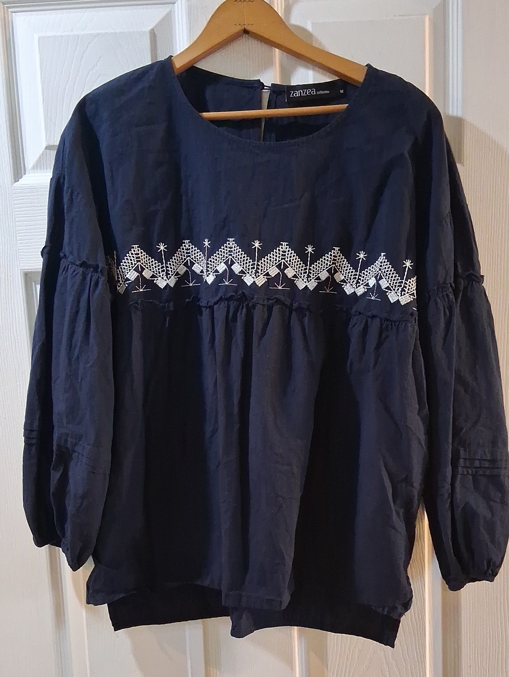 Zanzea Navy Embroidered Peasant Blouse - Navy